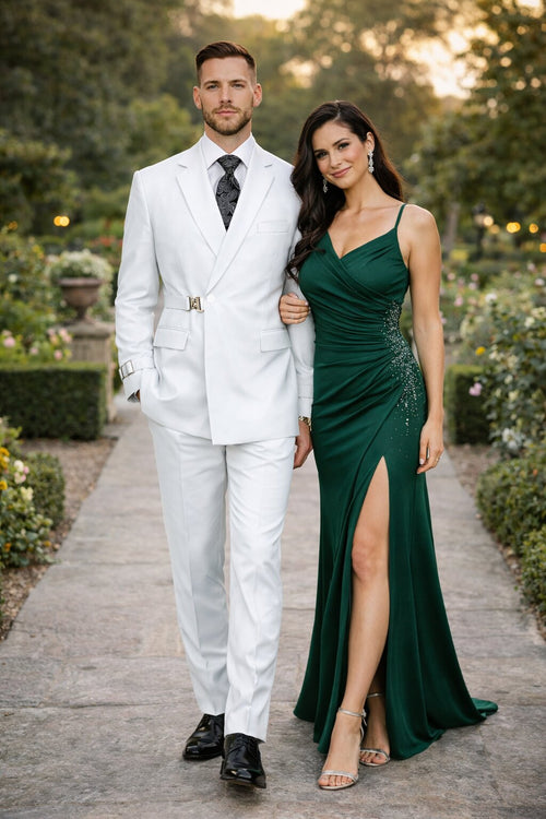 Men’s White Double Breasted Wool Suit with Designer Tailored Formal Set Metal Buckle Closure