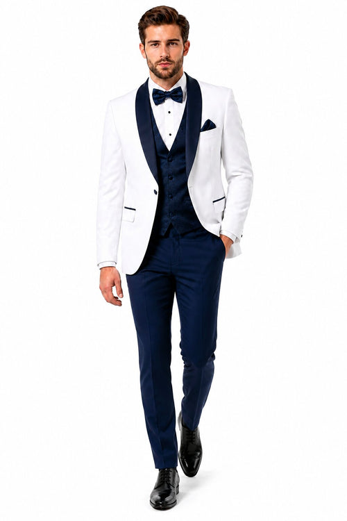 White and Navy Blue Tuxedo Wedding Suit - White Dinner Jacket + Vest + Pants + Bow-tie by USA Men's Outlet