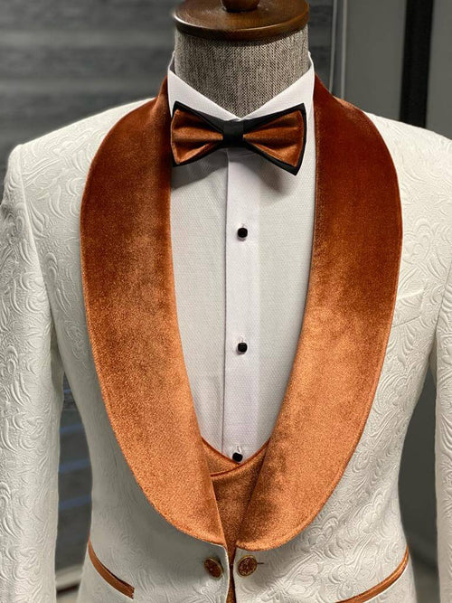 Luxury White Wedding Tuxedo with Orange Velvet Shawl Collar