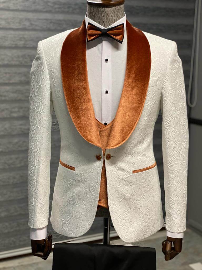 Luxury White Wedding Tuxedo with Orange Velvet Shawl Collar