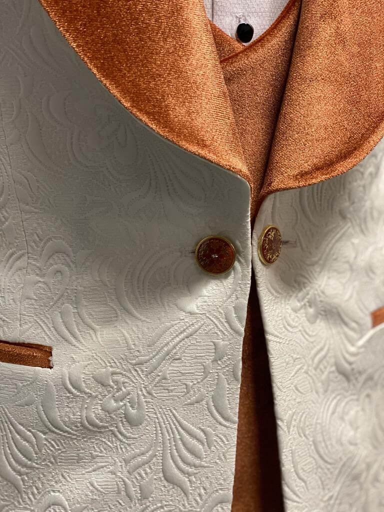 Luxury White Wedding Tuxedo with Orange Velvet Shawl Collar