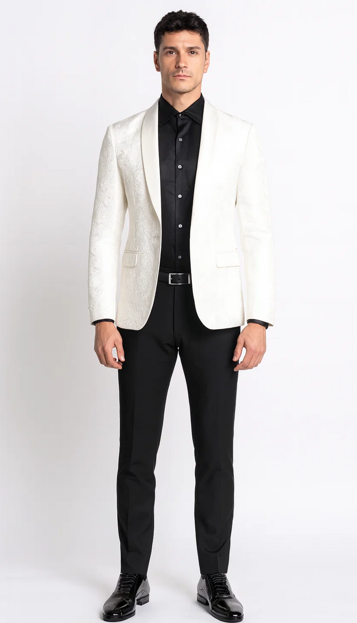 White Paisley Tuxedo Jacket with Shawl Lapel – Wedding & Prom