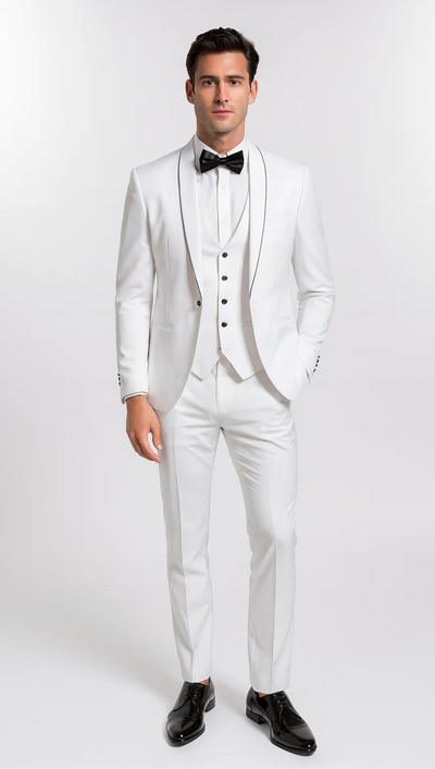 White Slim Fit Satin Tuxedo – Four Piece Set