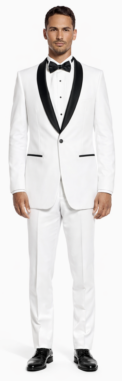White Slim Fit Tuxedo with Black Shawl Lapel – Wedding & Prom