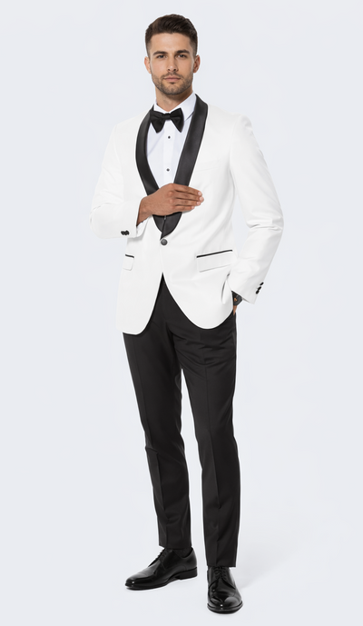 White Tuxedo Jacket with Black Satin Shawl Lapel – Slim Fit