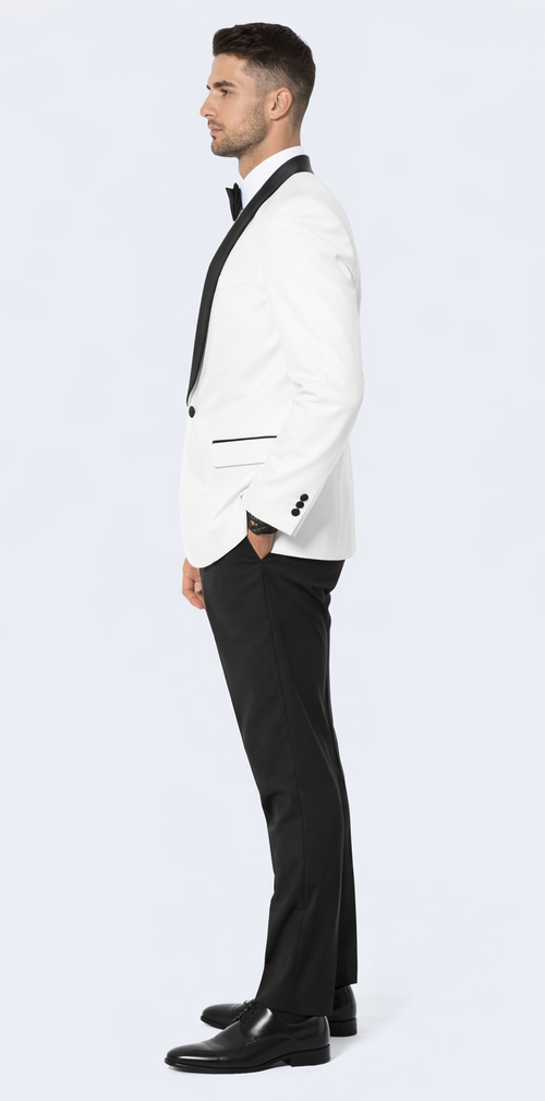 White Tuxedo Jacket with Black Satin Shawl Lapel – Slim Fit