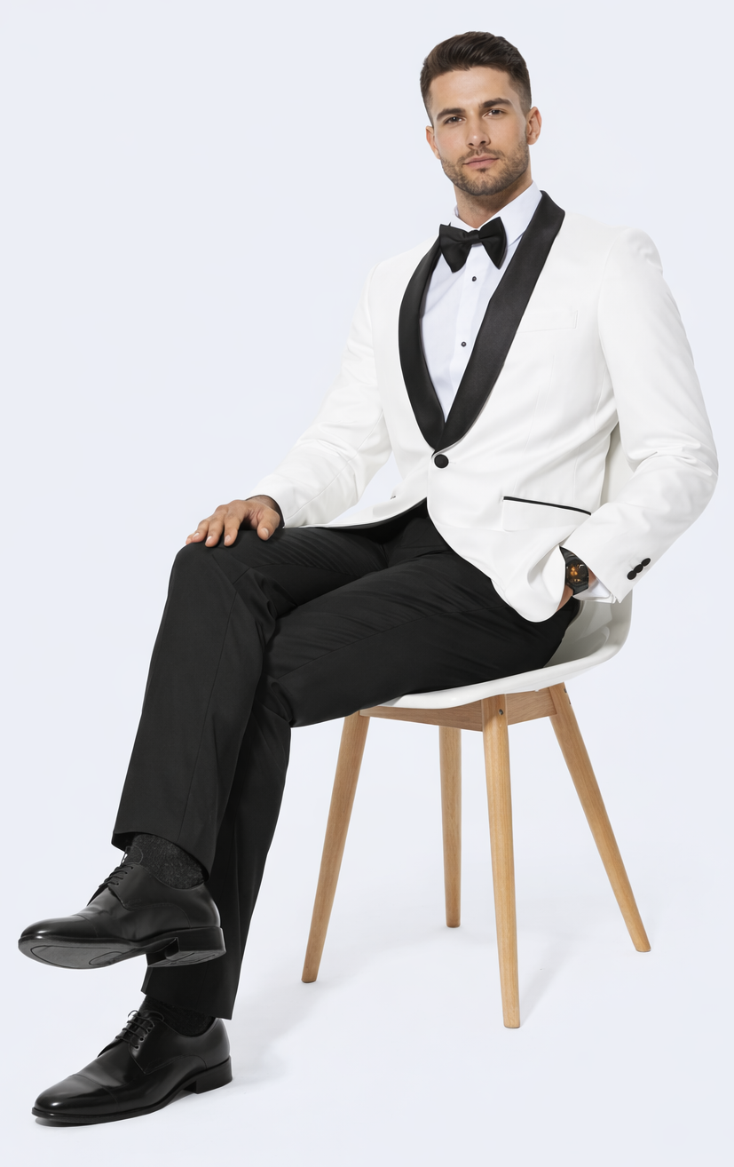 White Tuxedo Jacket with Black Satin Shawl Lapel – Slim Fit