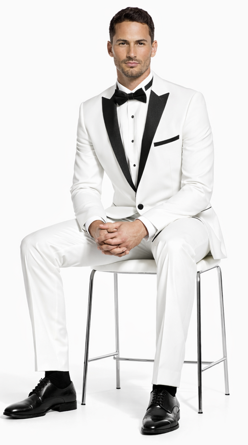 White Tuxedo with Black Peak Lapel Slim Fit - Wedding - Prom
