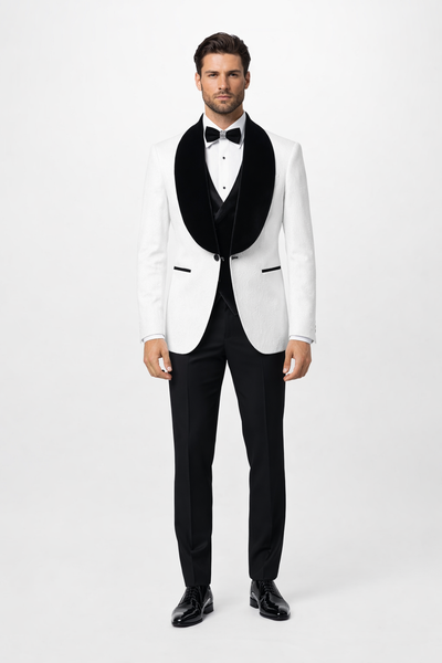 White with Black Velvet Lapel 3-Piece Tailored-Fit Tuxedo