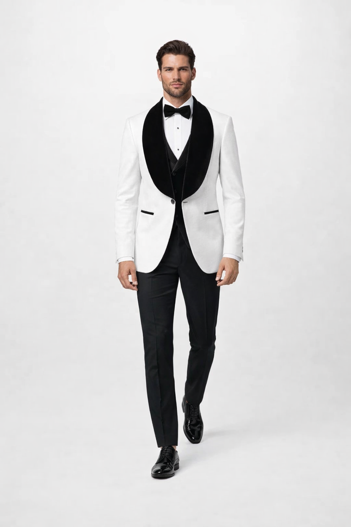 White with Black Velvet Lapel 3-Piece Tailored-Fit Tuxedo