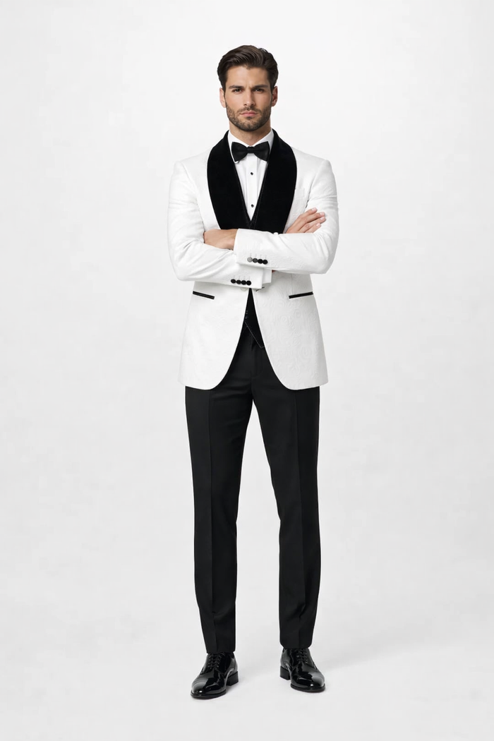 White with Black Velvet Lapel 3-Piece Tailored-Fit Tuxedo