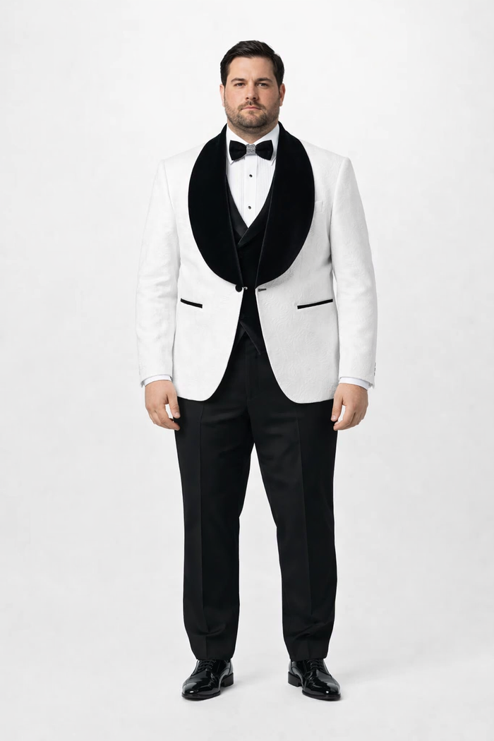 White with Black Velvet Lapel 3-Piece Tailored-Fit Tuxedo