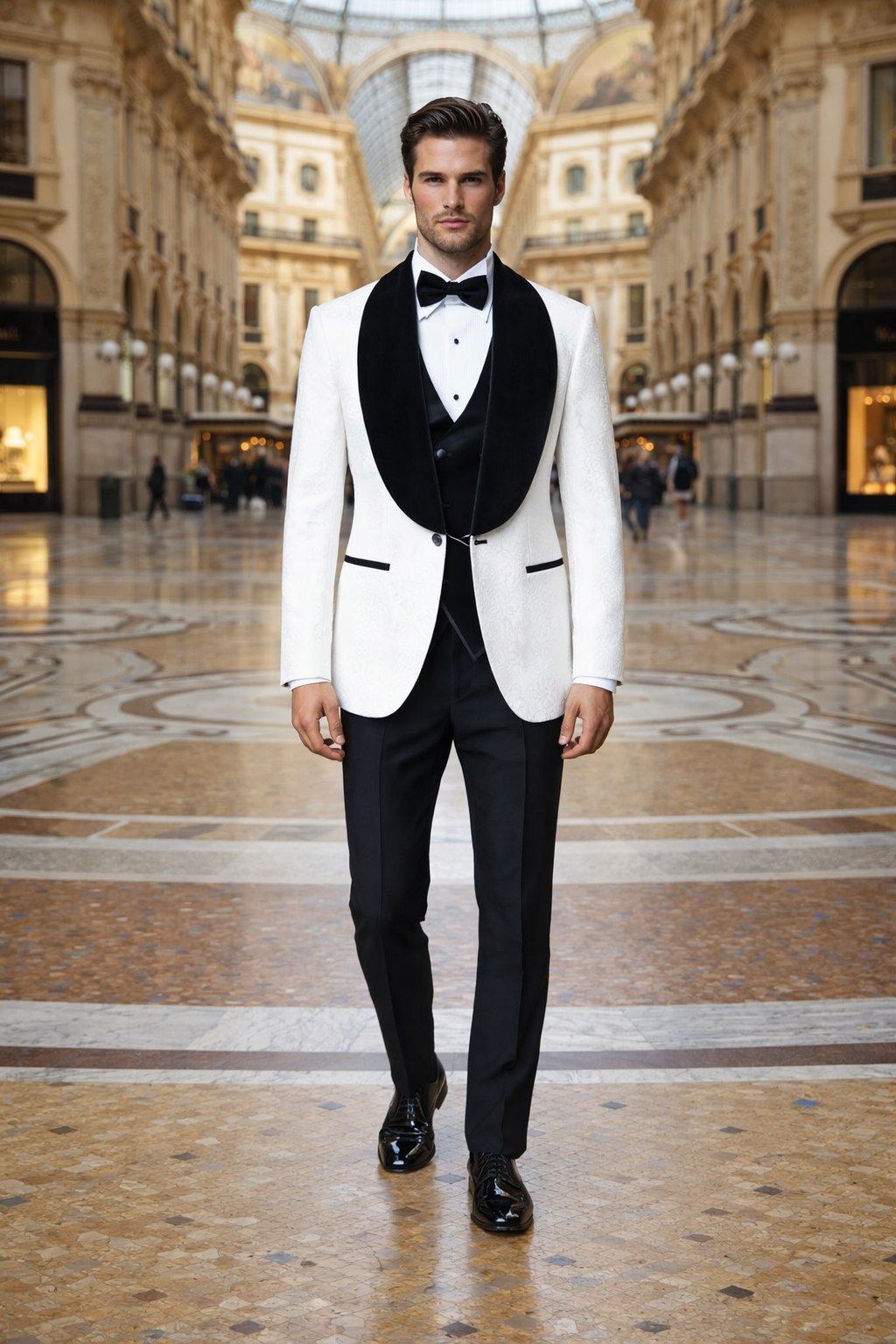 White with Black Velvet Lapel 3-Piece Tailored-Fit Tuxedo