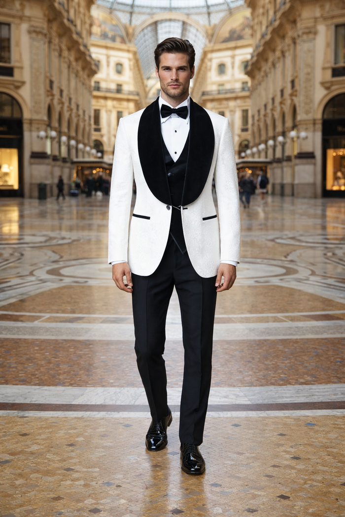White with Black Velvet Lapel 3-Piece Tailored-Fit Tuxedo