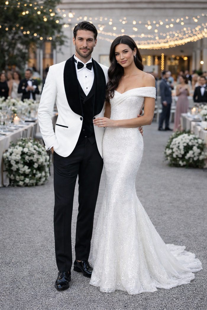 White with Black Velvet Lapel 3-Piece Tailored-Fit Tuxedo