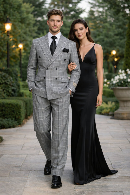 Suits With Baggy Pleated Pants - Wide Leg Pants 100% Wool - Classic Fit in Black and White Plaid Color by Rossiman USA Men's Outlet