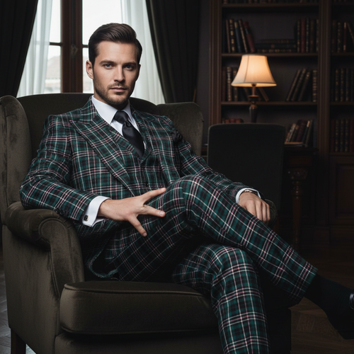 Men’s Green Tartan Plaid 3-Piece Suit Set – Premium Regular Fit Formal Check Pattern Wedding & Holiday Event Suit By Rossiman RM2311