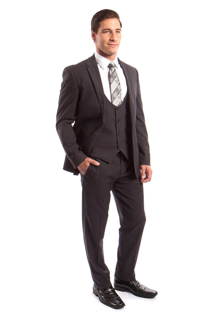 Men's Dark Grey Peak Lapel Suit with Lowcut Vest