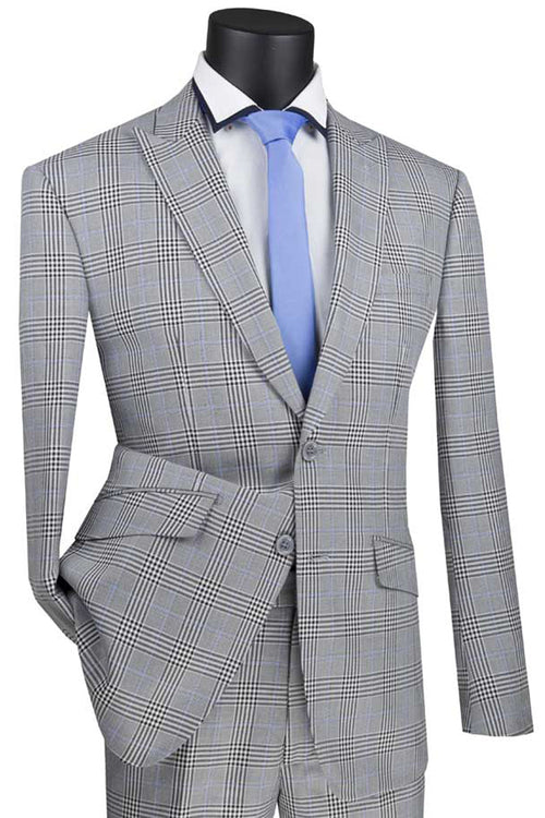 Mens 2 Button Peak Lapel Plaid Suit in Grey by Vinci Suits