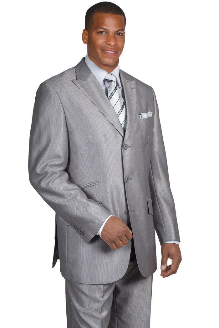 Mens 3 Button Peak Lapel Shiny Sharkskin Micro Pinstripe Suit in Silver Grey by Fortino Landiin