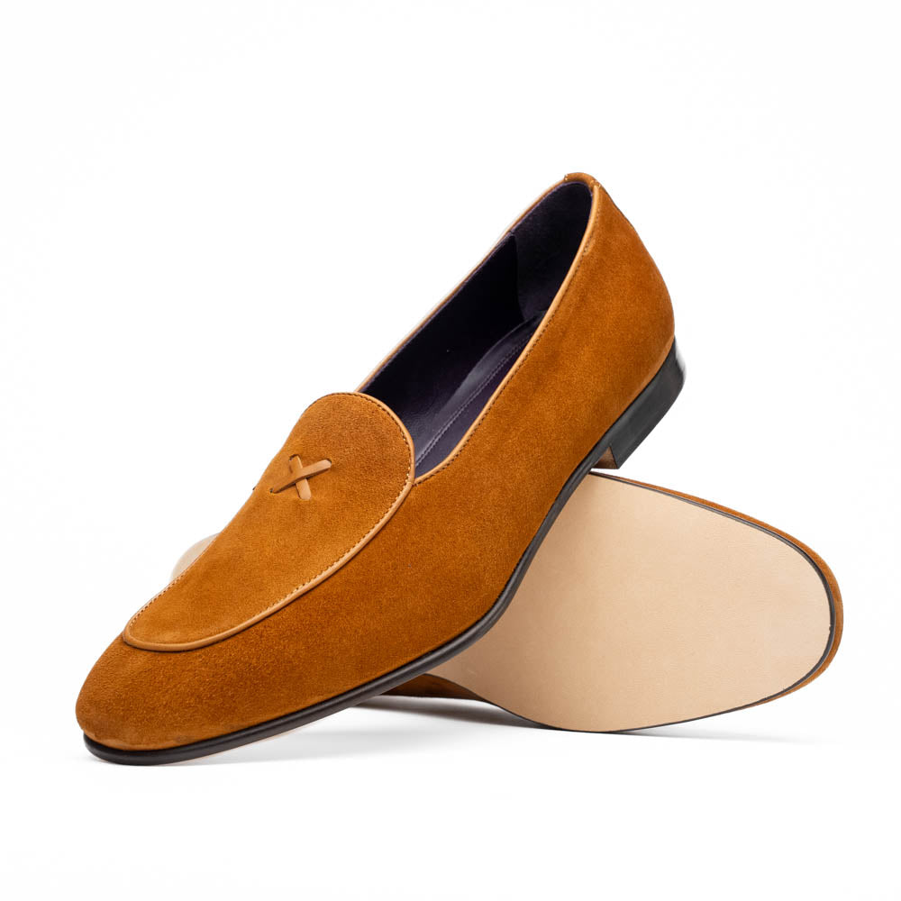 Zelli Sueded Goatskin Loafer with Crocodile Vamp in Cognac