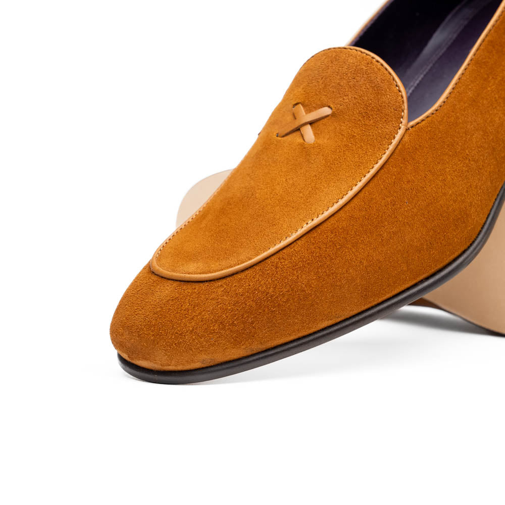 Zelli Sueded Goatskin Loafer with Crocodile Vamp in Cognac