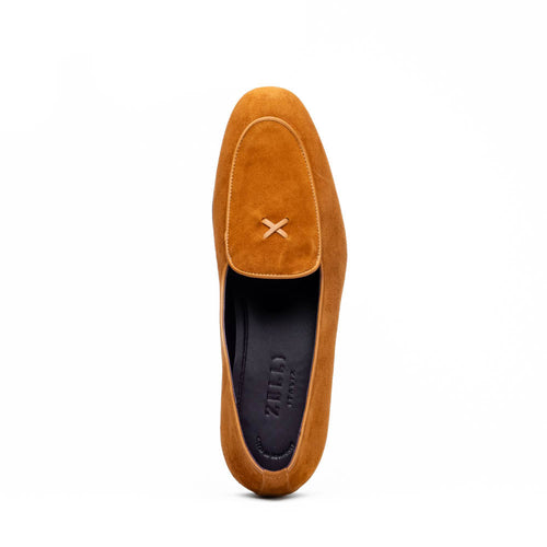 Zelli Sueded Goatskin Loafer with Crocodile Vamp in Cognac