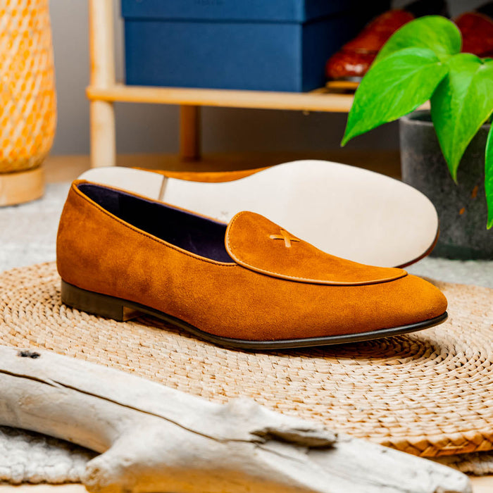 Zelli Sueded Goatskin Loafer with Crocodile Vamp in Cognac