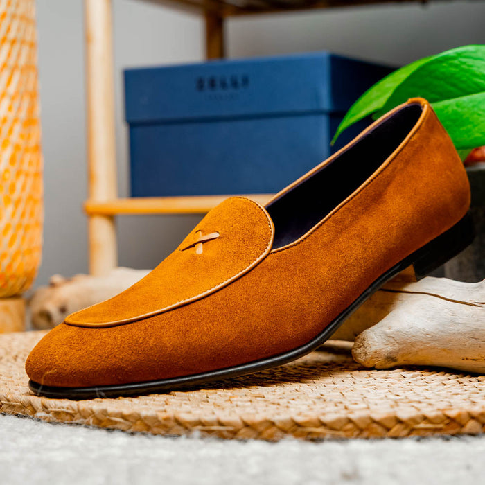 Zelli Sueded Goatskin Loafer with Crocodile Vamp in Cognac