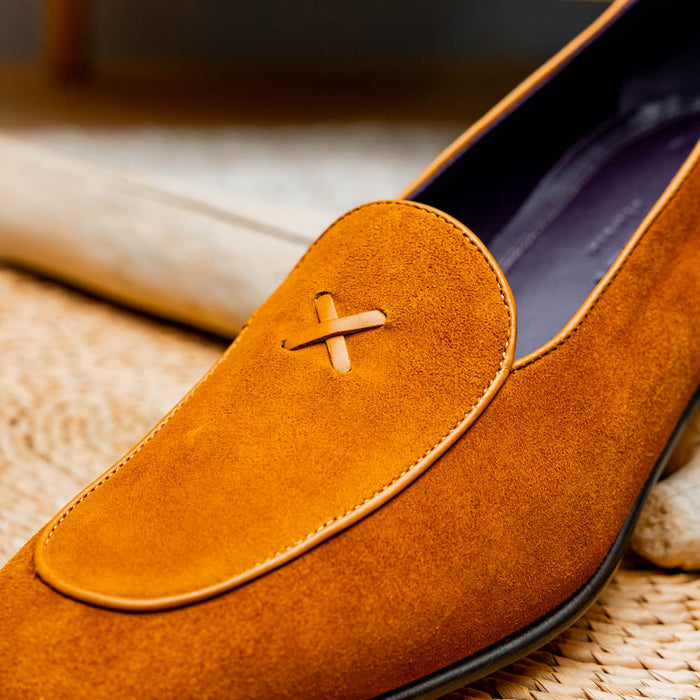 Zelli Sueded Goatskin Loafer with Crocodile Vamp in Cognac