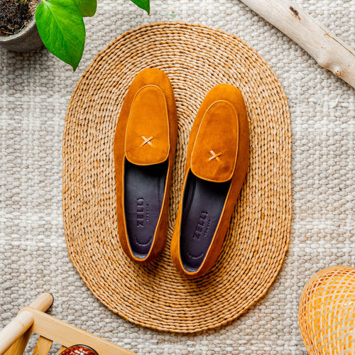 Zelli Sueded Goatskin Loafer with Crocodile Vamp in Cognac
