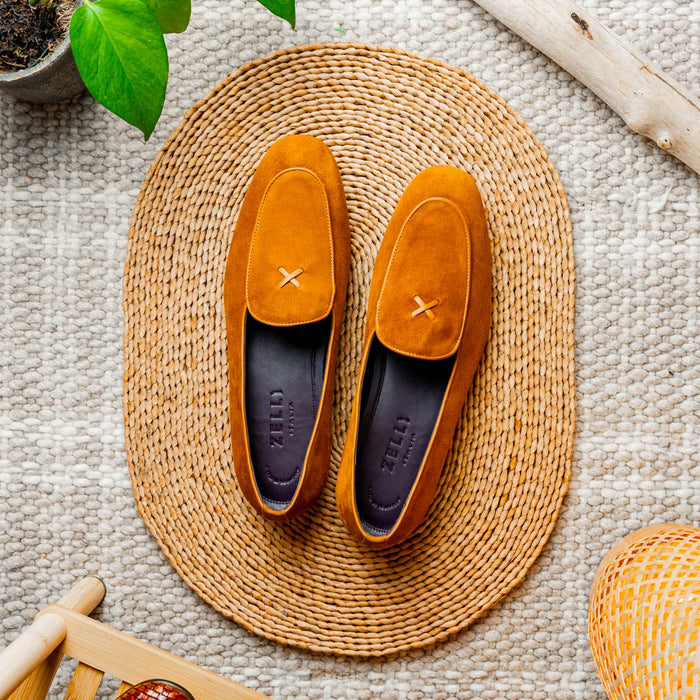 Zelli Sueded Goatskin Loafer with Crocodile Vamp in Cognac