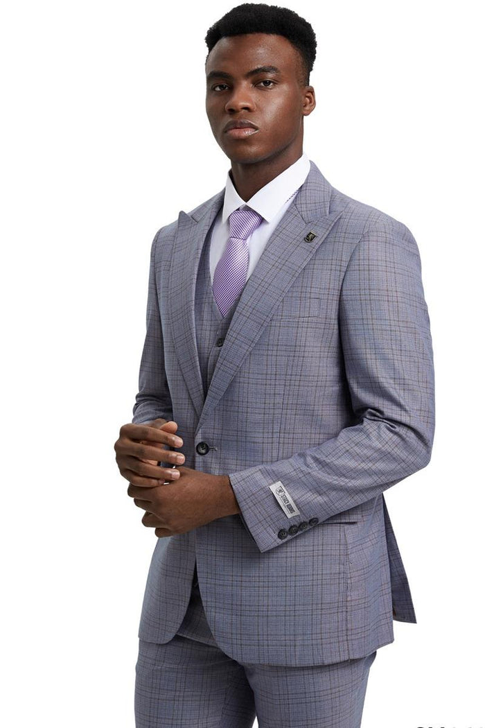 Men's Stacy Adams Vested One Button Wide Peak Lapel Windowpane Plaid Suit in Light Grey