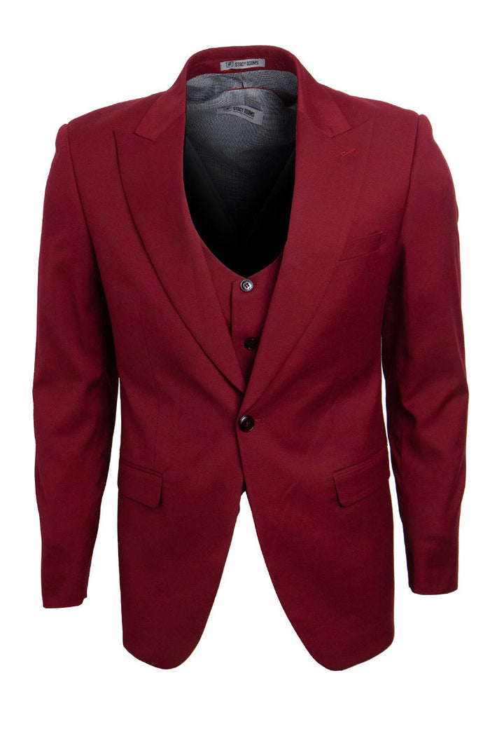Mens Stacy Adams Cherry Red Vested Suit w/ Peak Lapel & One Button