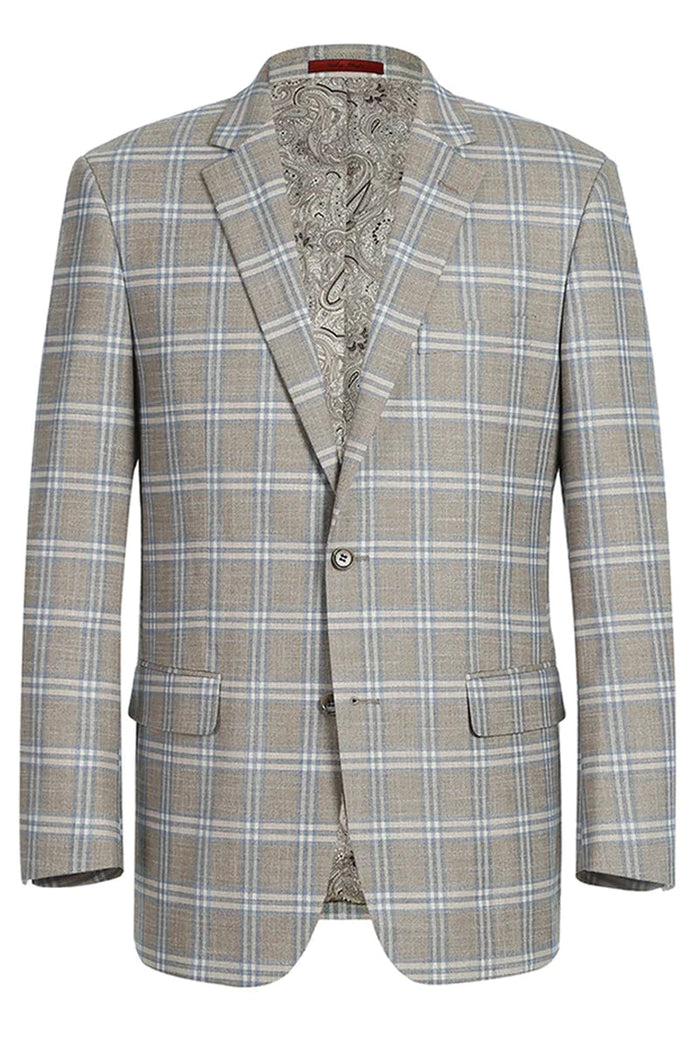Mens Two Button Classic Fit Sport Coat Blazer in Grey Tan Windowpane Plaid by Renoirin