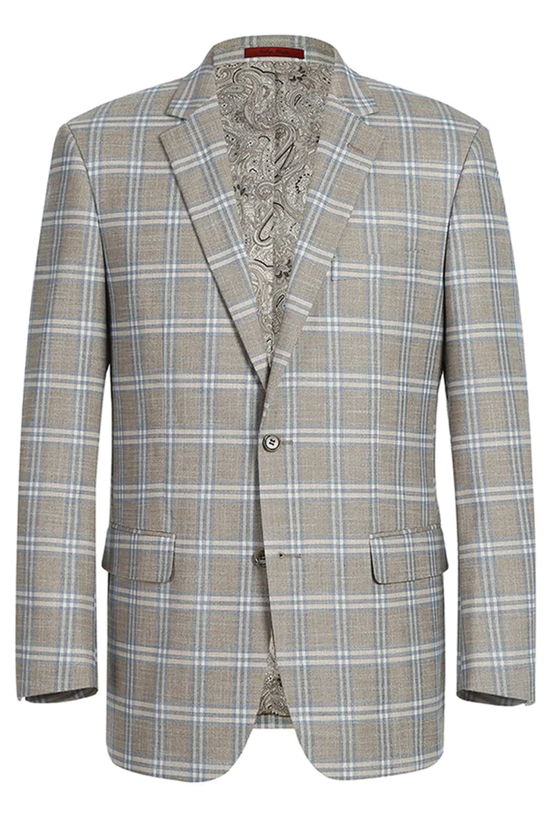 Mens Two Button Classic Fit Sport Coat Blazer in Grey Tan Windowpane Plaid by Renoirin