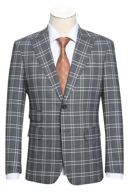Mens Designer Slim Fit Peak Lapel Suit in Grey Windowpane Plaid by Statement