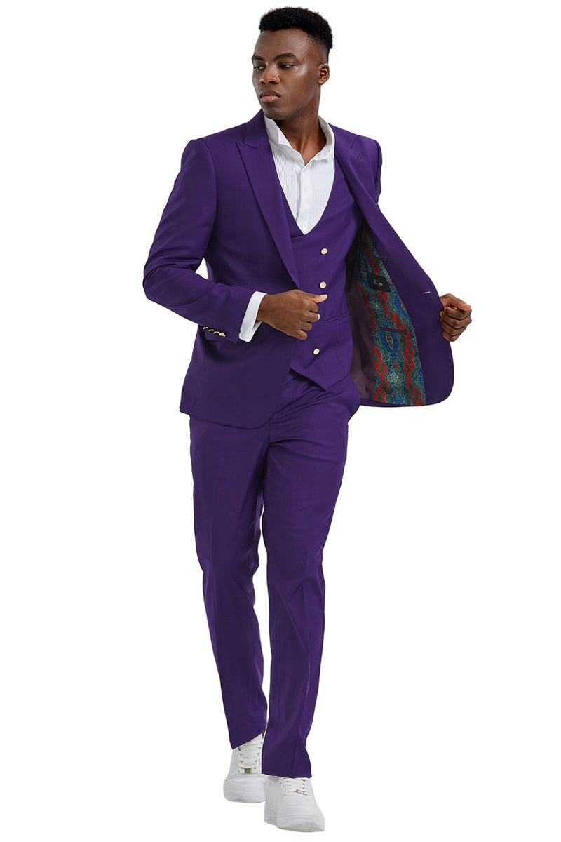 Men's Purple Vested Suit with Gold Buttons