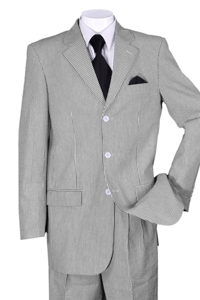 Mens Classic Fit 3 Button Summer Seersucker Suit in Black by Fortino Landi