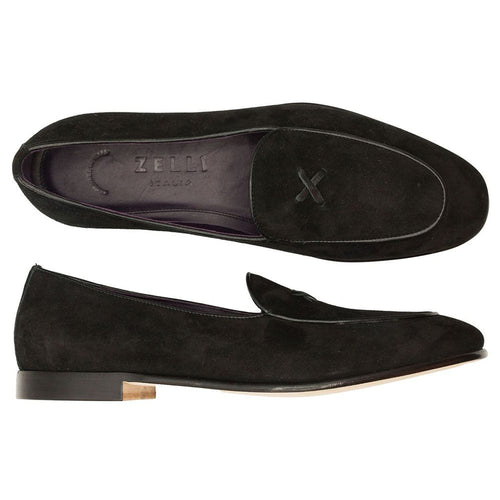 Zelli Hand-Stitched Sueded Goatskin Loafer with Crocodile Vamp in Black