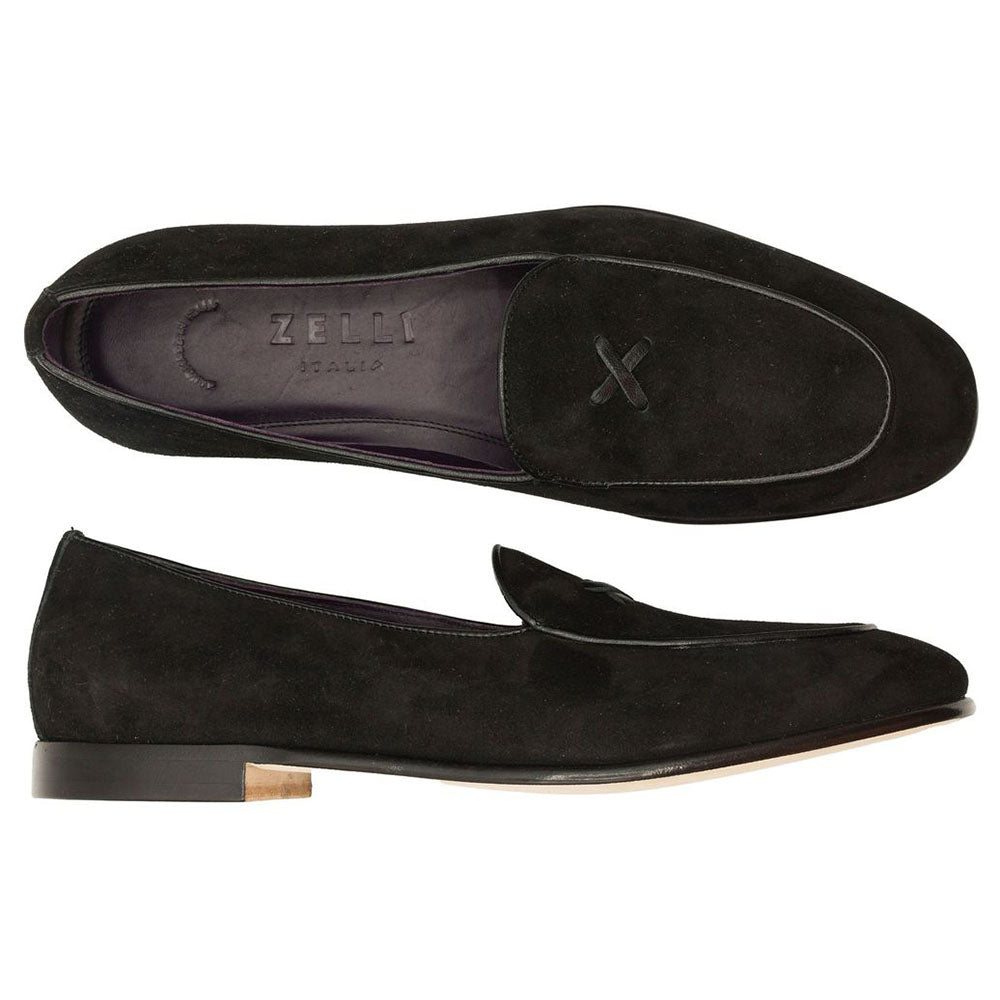 Zelli Hand-Stitched Sueded Goatskin Loafer with Crocodile Vamp in Black