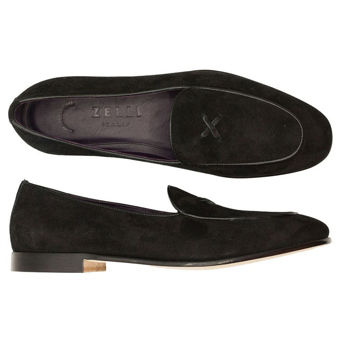 Zelli Hand-Stitched Sueded Goatskin Loafer with Crocodile Vamp in Black