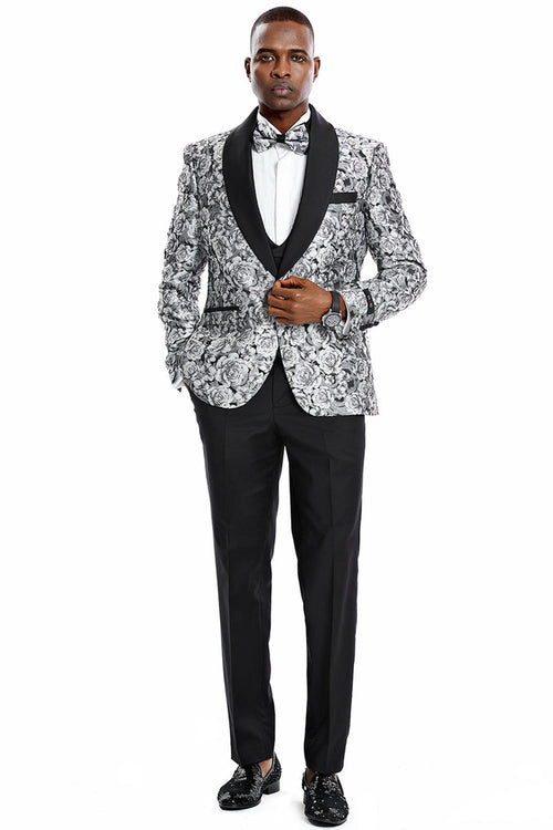 Men's Silver Paisley Tuxedo with Slim Fit Cut