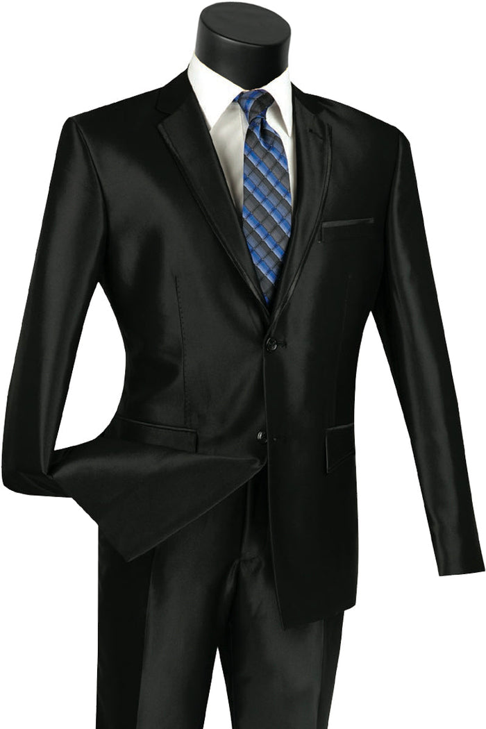 Mens 2 Button Slim Fit Shiny Sharkskin Suit in Blue by Vinci