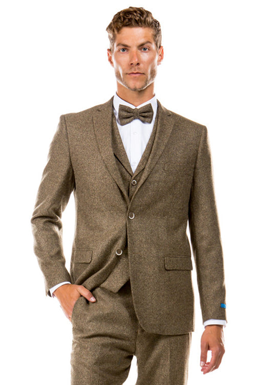 Men's Two Button Vested Vintage Style Tweed Wedding Suit in Tan by Sean Alexander