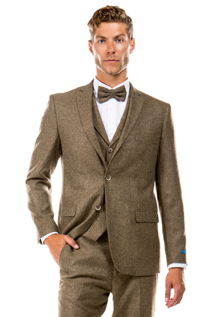 Men's Two Button Vested Vintage Style Tweed Wedding Suit in Tan by Sean Alexander