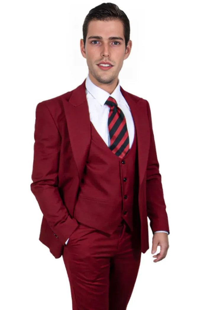 Mens Stacy Adams Cherry Red Vested Suit w/ Peak Lapel & One Button