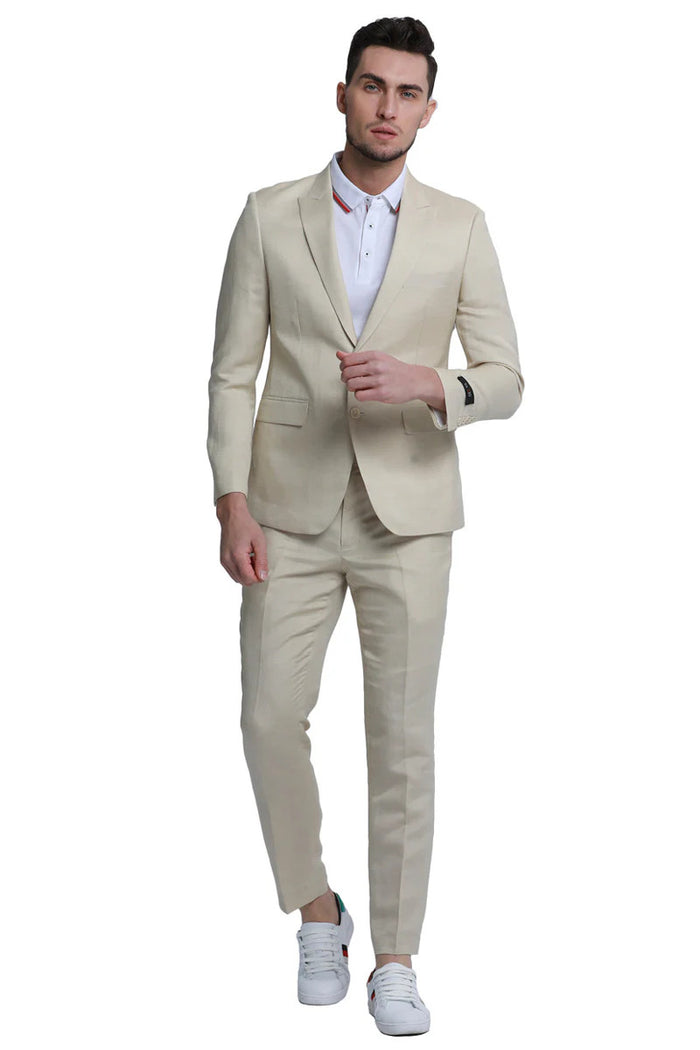 Mens Two Button Peak Lapel Summer Linen Style Beach Wedding Suit in Tan