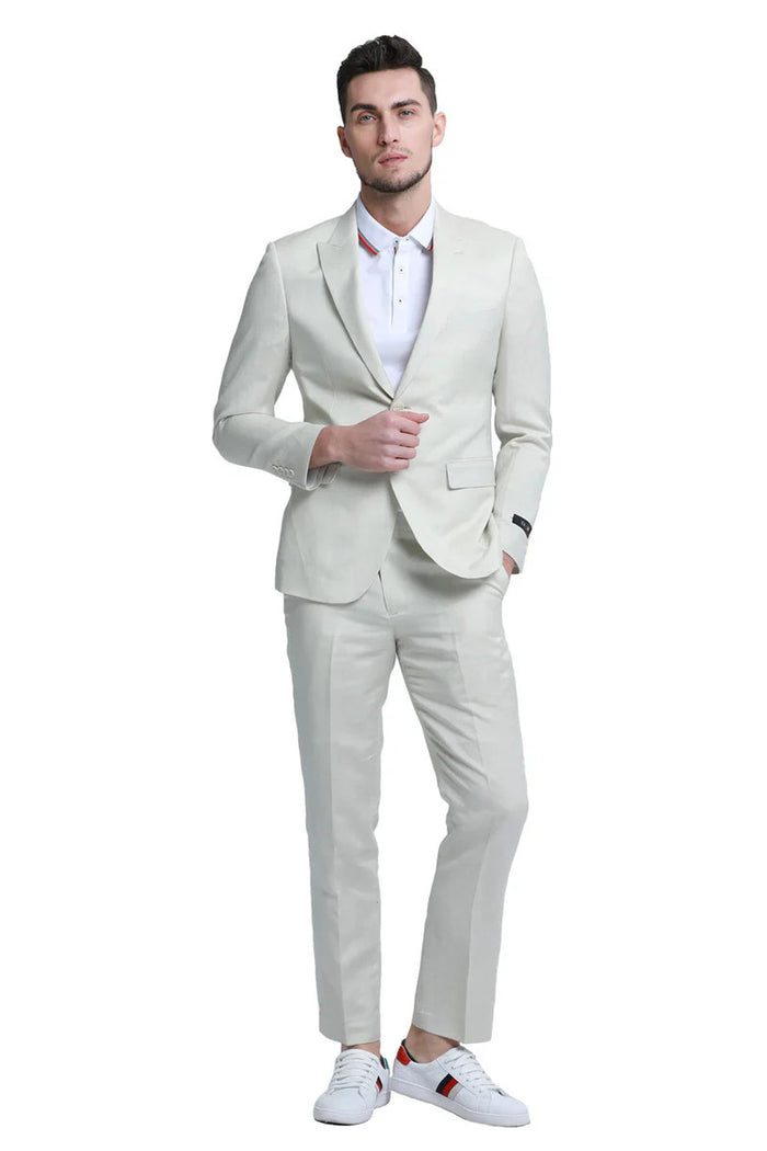 Mens Two Button Peak Lapel Summer Linen Style Beach Wedding Suit in Ivory Off White