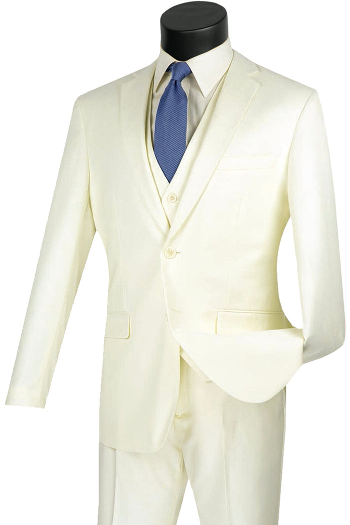 Mens Vested Slim Fit Wool Feel Suit in Beige by Vinci